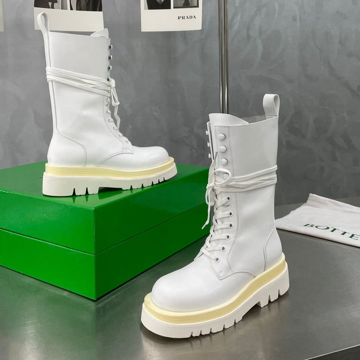 BOTTEGA VENETA LUG LACE-UP BOOT IN WHITE CALFSKIN 7 CM