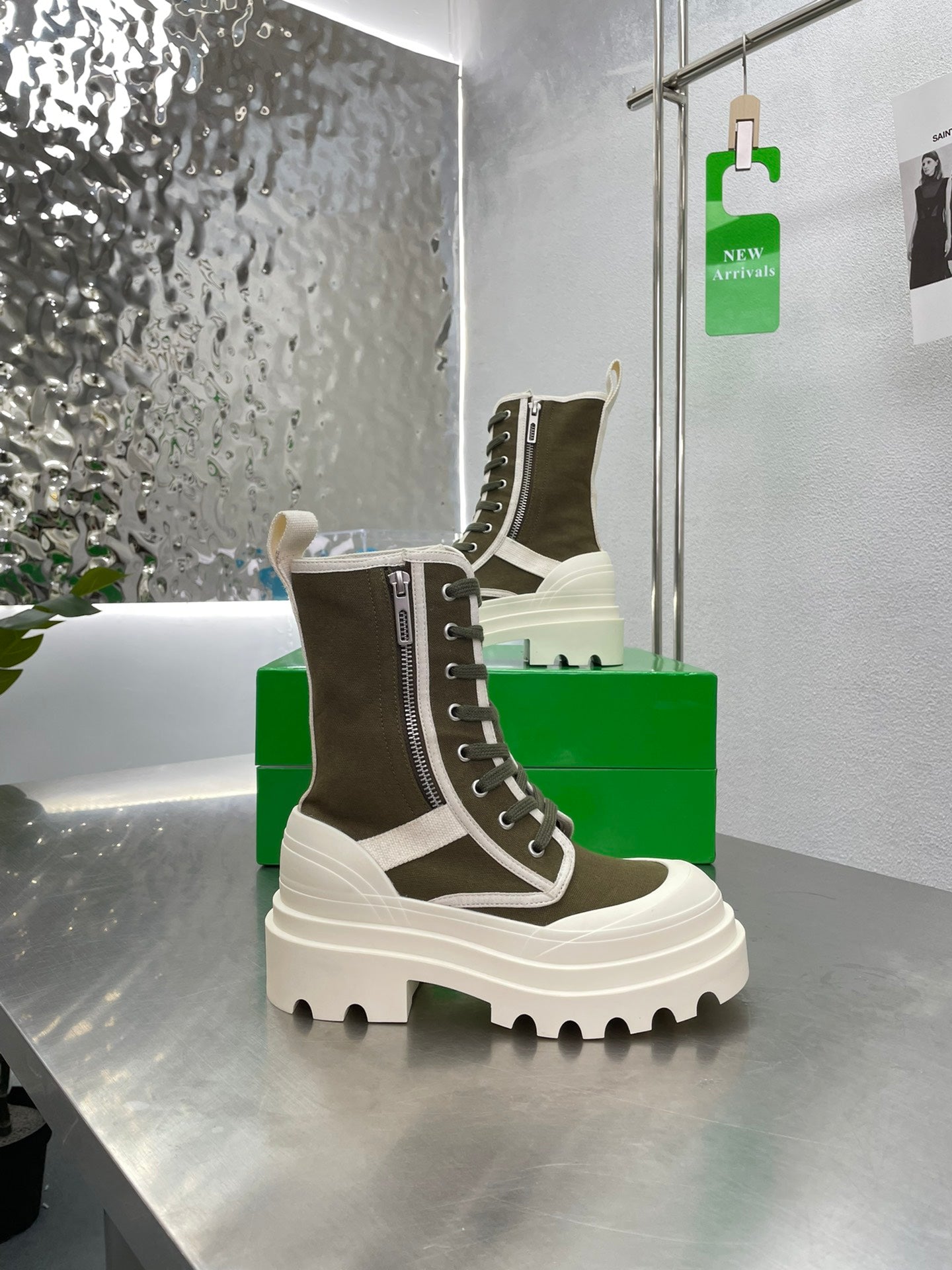 BOTTEGA VENETA RIBBON BOMBER LACE-UP BOOTS IN OLIVE GREEN MIX WHITE CANVAS