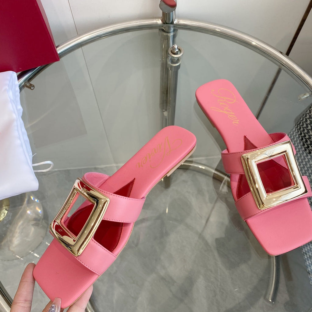 VIV' BY THE SEA LOVE METAL MULES IN PINK CALFSKIN GOLD BUCKLE