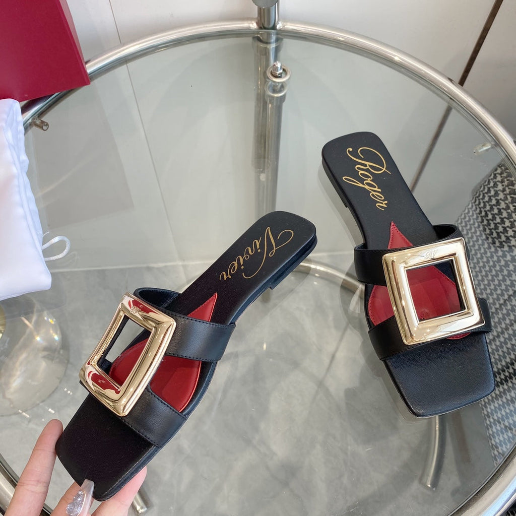 VIV' BY THE SEA LOVE METAL MULES IN BLACK CALFSKIN GOLD BUCKLE
