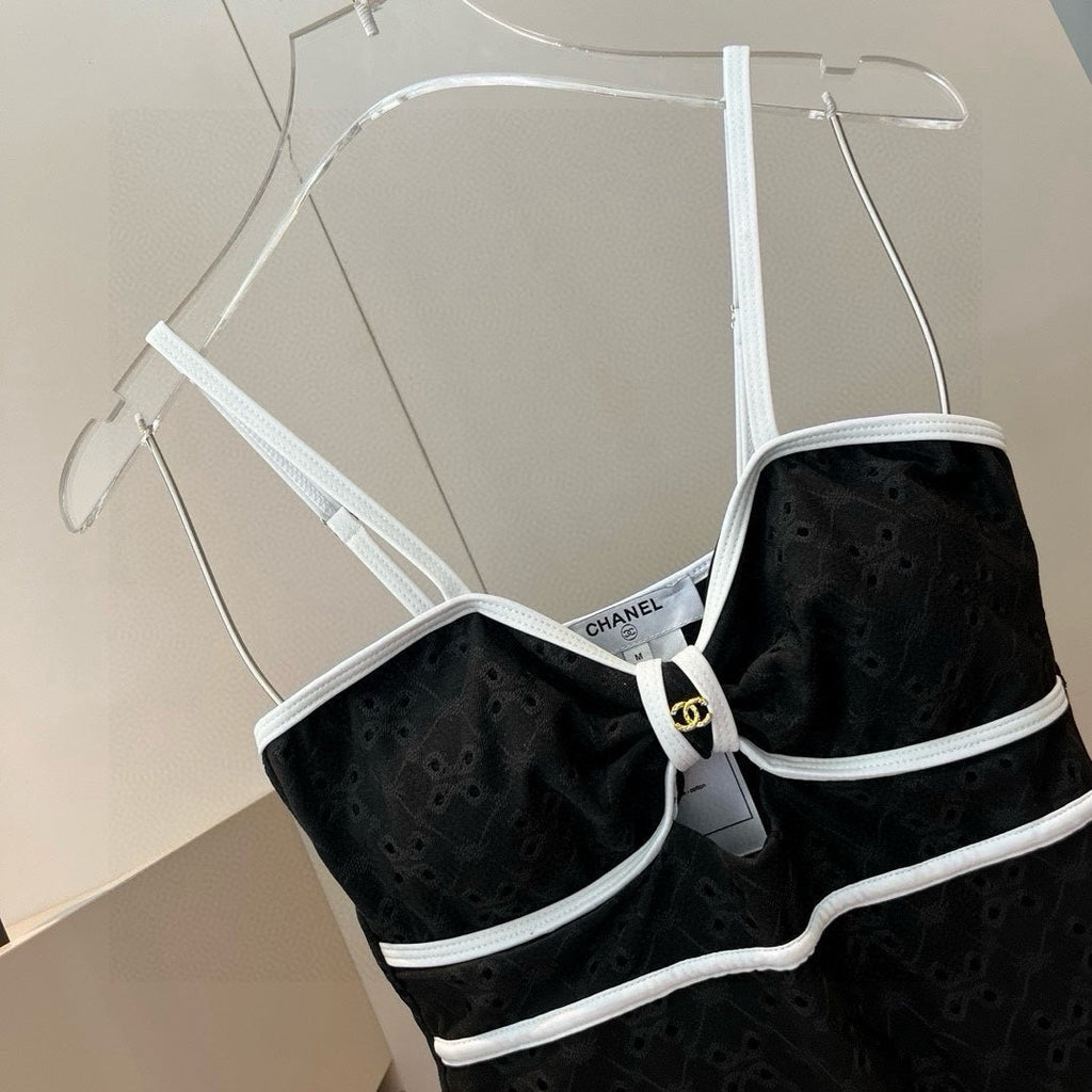 CHANEL BIKINI SWIMSUIT SET IN BLACK AND WHITE TRIM 594785