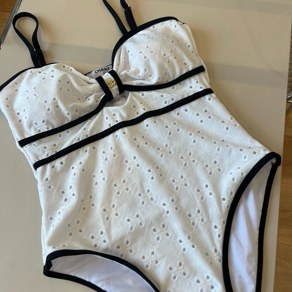 CHANEL BIKINI SWIMSUIT SET IN WHITE AND BLACK TRIM 594786