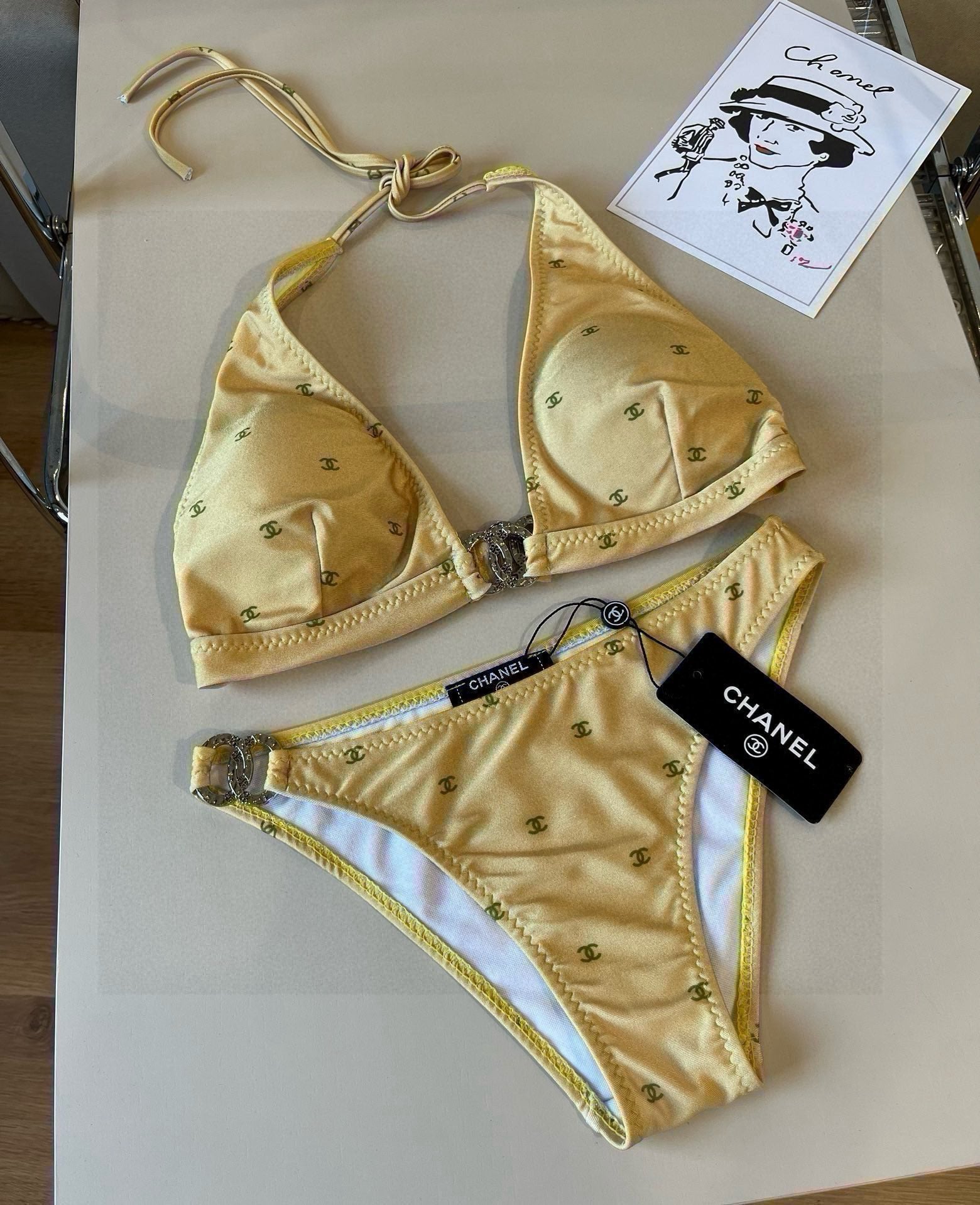 CHANEL BIKINI SWIMSUIT SET IN YELLOW AND GREEN LOGO 606523