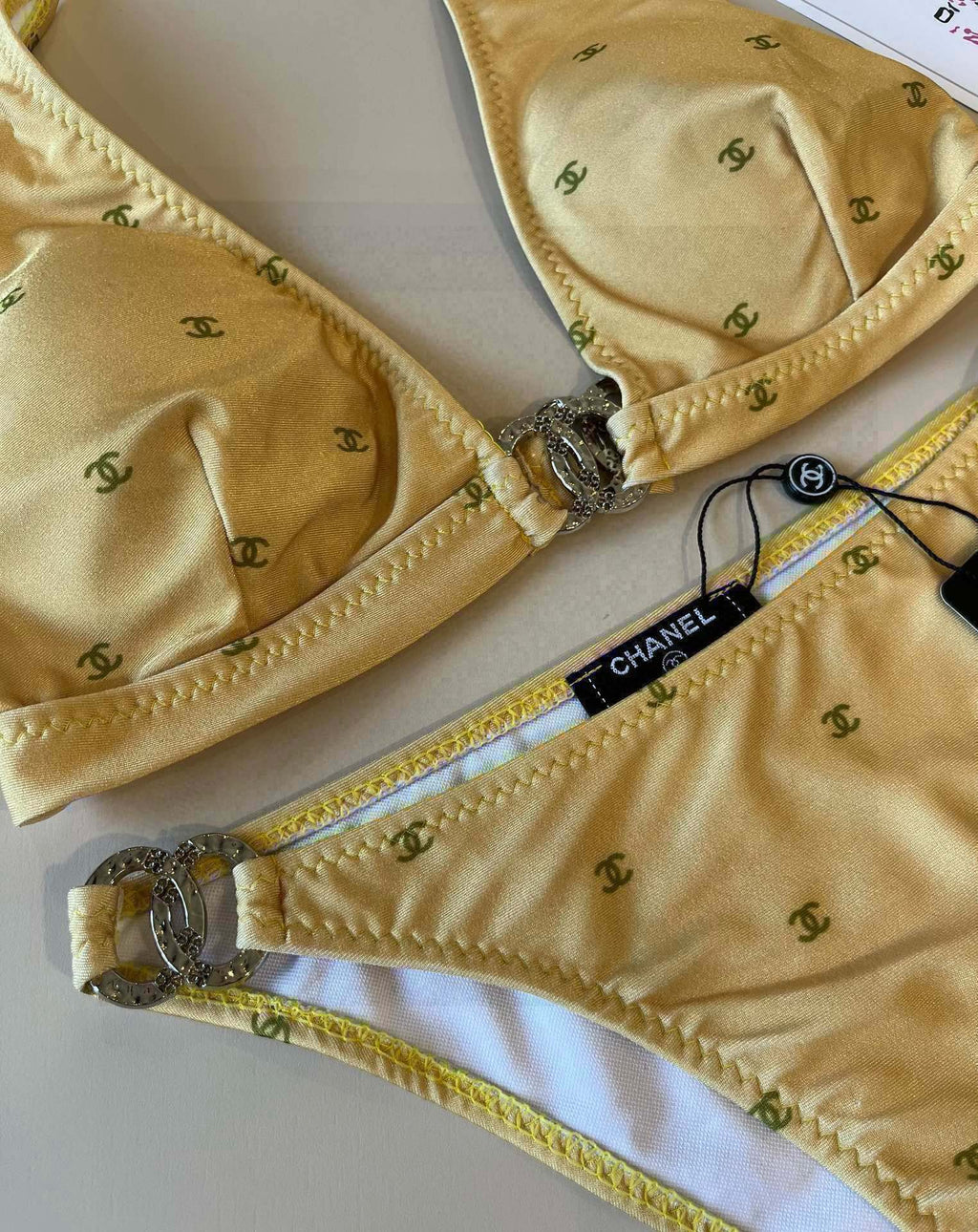 CHANEL BIKINI SWIMSUIT SET IN YELLOW AND GREEN LOGO 606523