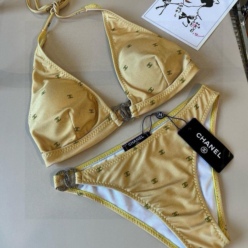 CHANEL BIKINI SWIMSUIT SET IN YELLOW AND GREEN LOGO 606523