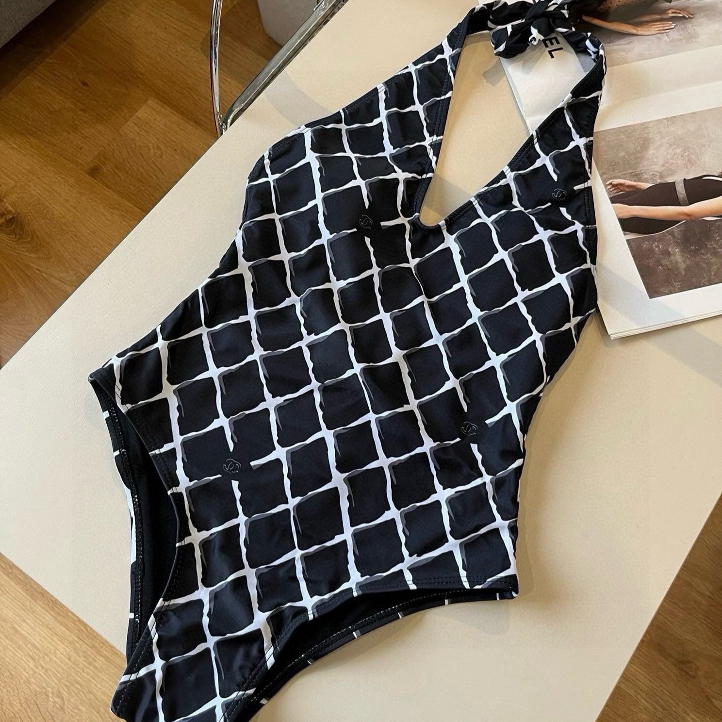CHANEL BIKINI SWIMSUIT SET IN WHITE CHECKERED PRINT ON BLACK BACKGROUND 624545