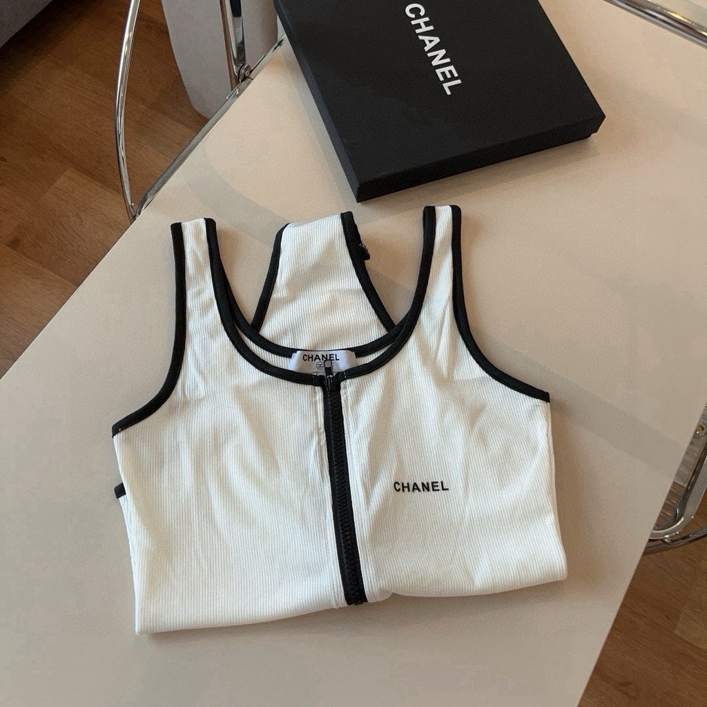 CHANEL BIKINI SWIMSUIT SET IN WHITE AND BLACK TRIM 625974