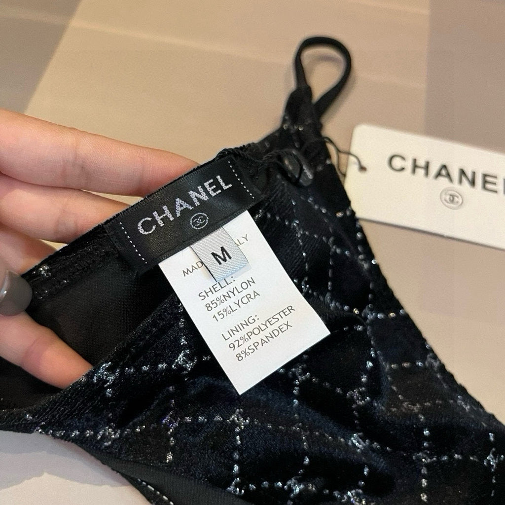 CHANEL BIKINI SWIMSUIT SET IN BLACK AND WHITE PLAID 625992