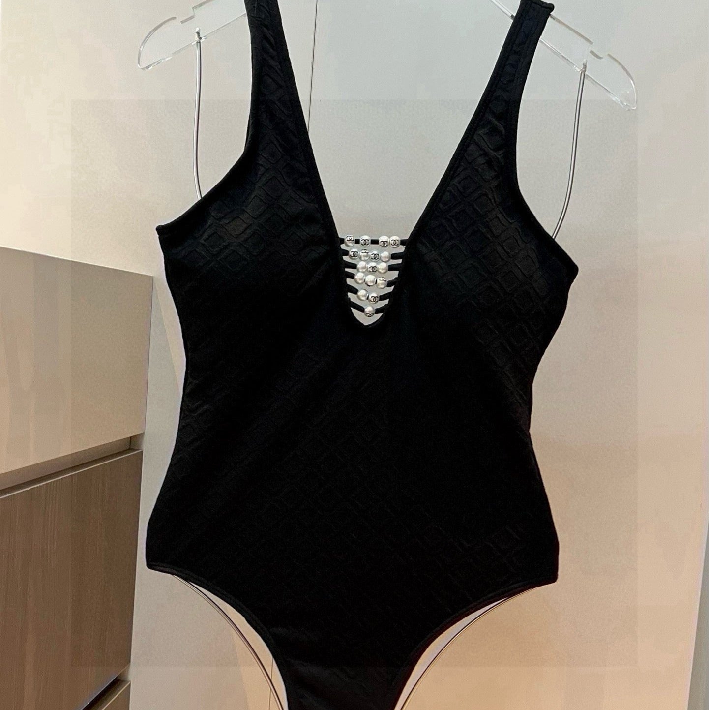 CHANEL SWIMSUIT IN BLACK COTTON MIX PEARL PRINTED LOGO 627819