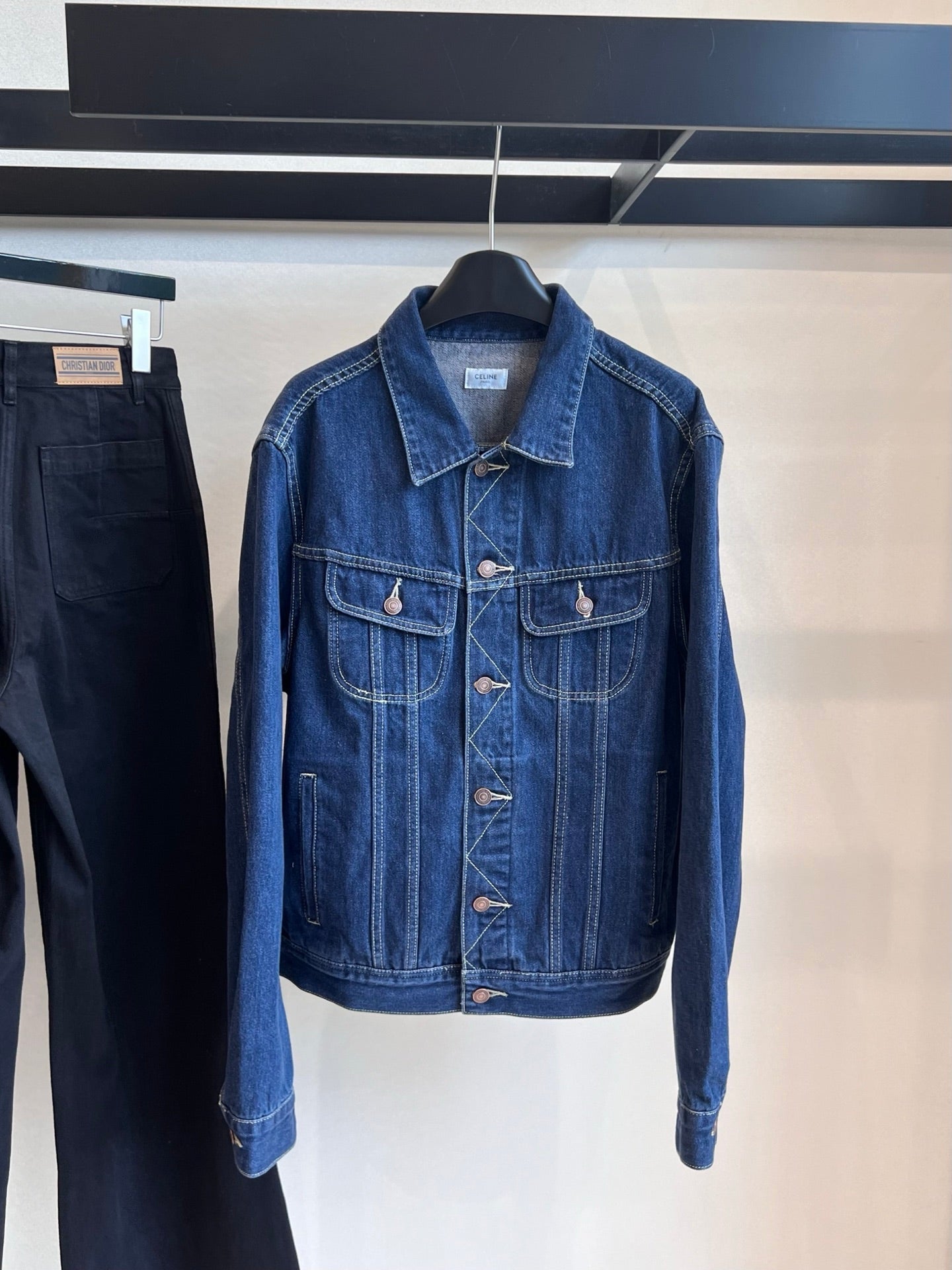 CELINE CLASSIC TRUCKER JACKET INDIGO DENIM CONTRAST STITCHING SILVER BUTTONS Ask ChatGPT