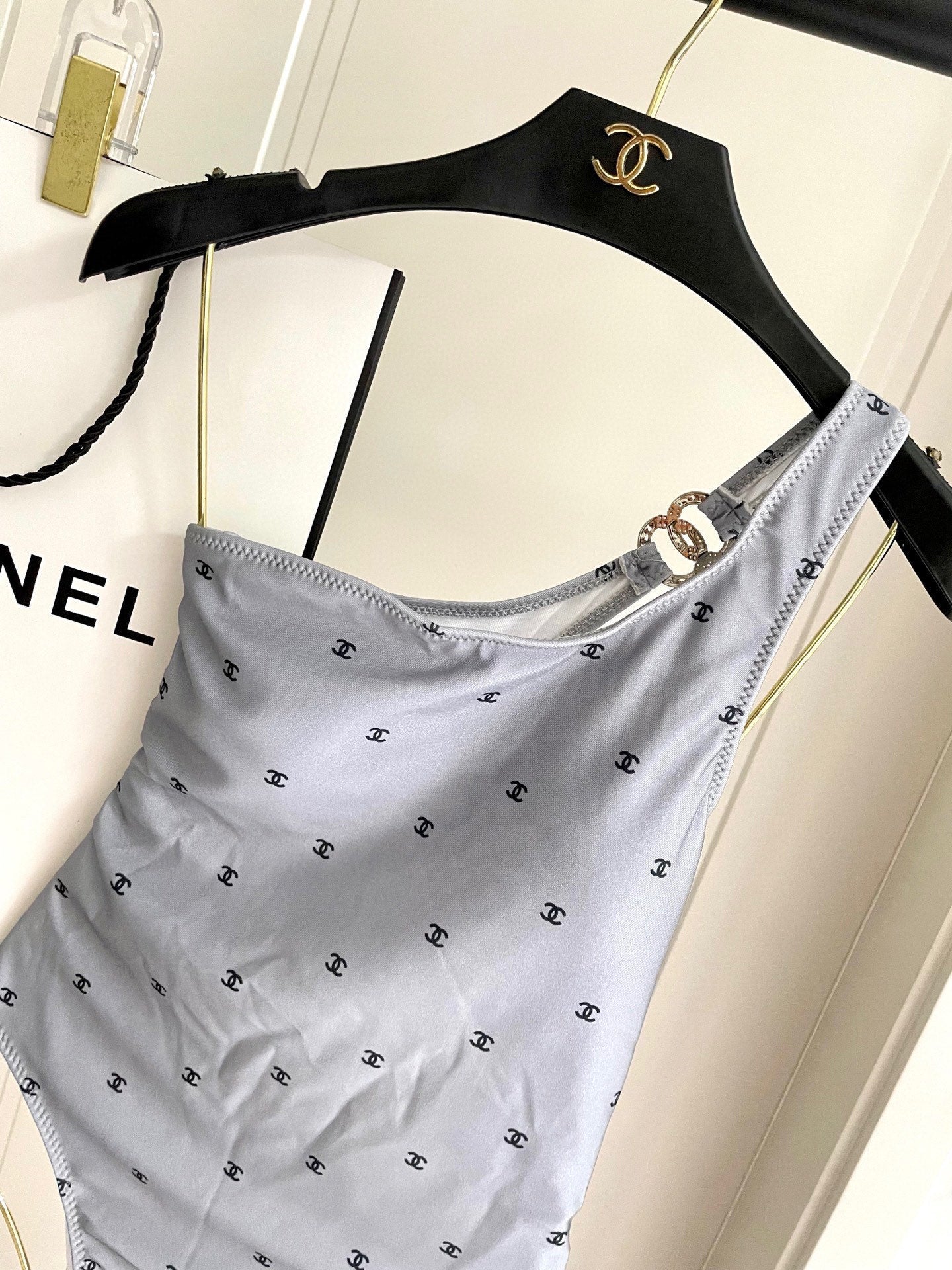 CHANEL BIKINI SWIMSUIT SET IN GREY AND BLACK 593032