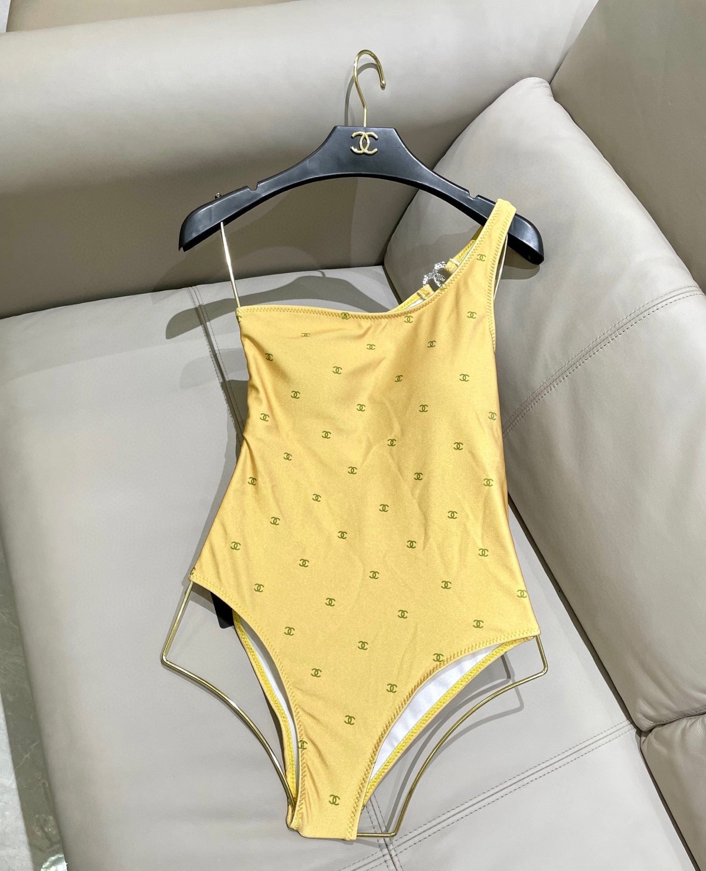 CHANEL BIKINI SWIMSUIT SET IN YELLOW AND GREEN LOGO 593033
