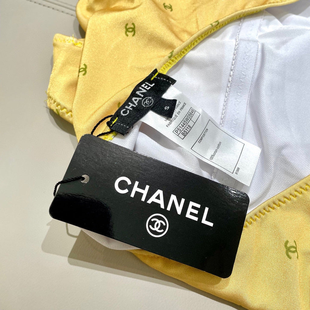CHANEL BIKINI SWIMSUIT SET IN YELLOW AND GREEN LOGO 593033