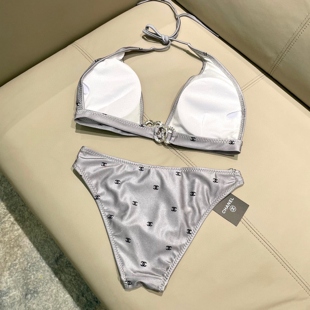 CHANEL BIKINI SWIMSUIT SET IN GREY AND BLACK LOGO 599155