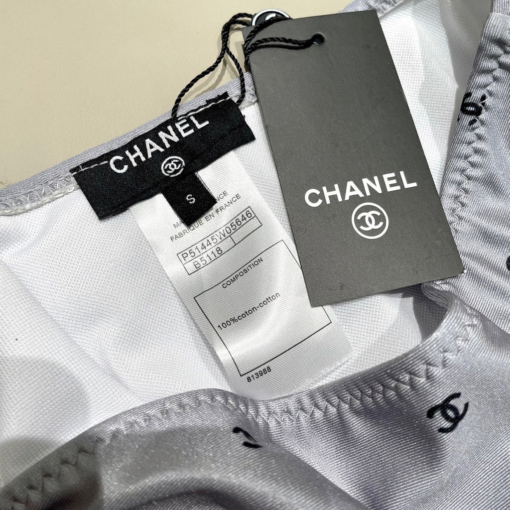 CHANEL BIKINI SWIMSUIT SET IN GREY AND BLACK LOGO 599155