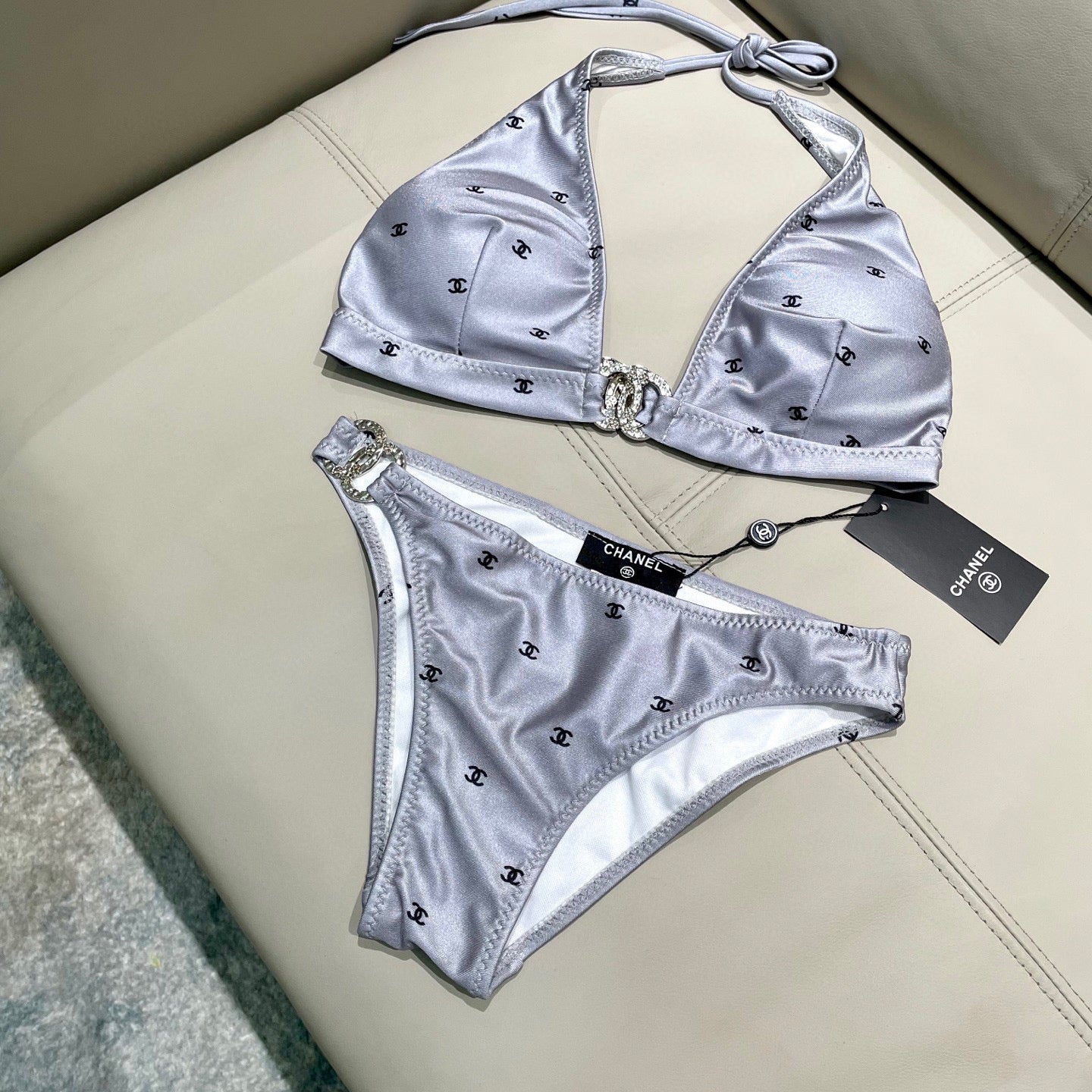 CHANEL BIKINI SWIMSUIT SET IN GREY AND BLACK LOGO 599155