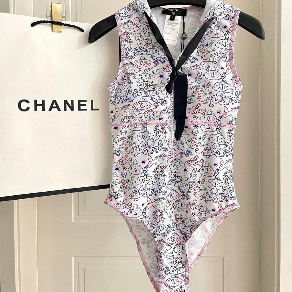 CHANEL BIKINI SWIMSUIT SET IN WHITE AND FISH COLORFUL PRINTED 604253