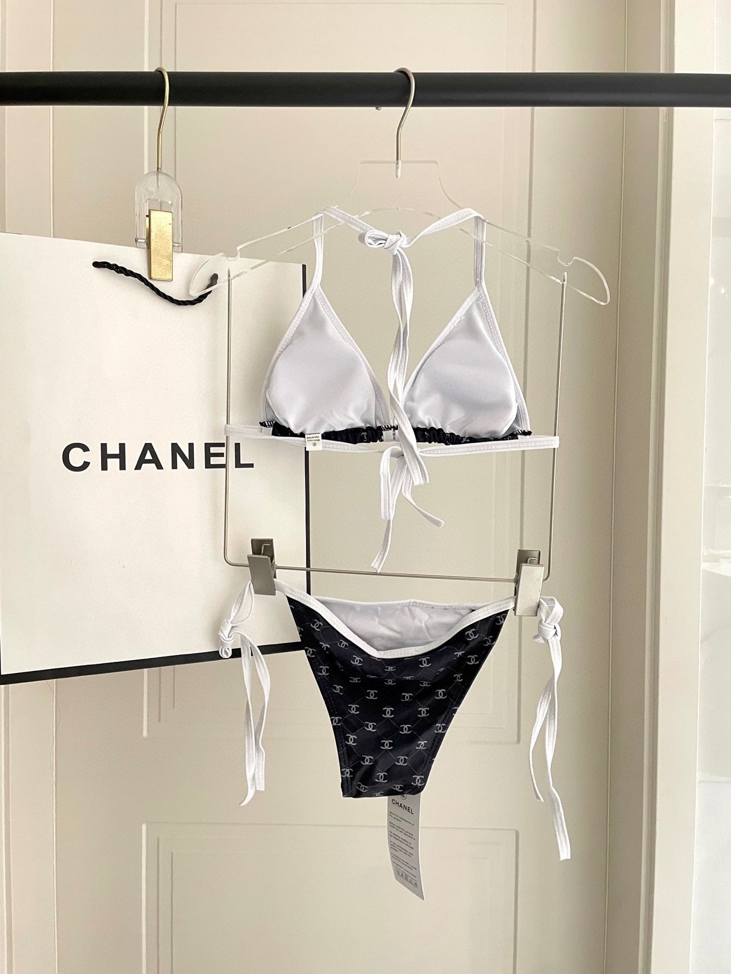 CHANEL BIKINI SWIMSUIT SET IN BLACK AND WHITE TRIM WHITE LOGO PRINTED 608921