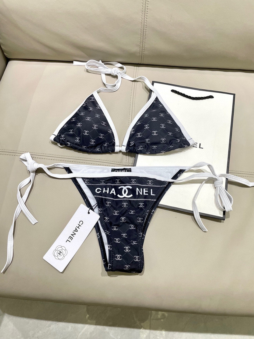 CHANEL BIKINI SWIMSUIT SET IN BLACK AND WHITE TRIM WHITE LOGO PRINTED 608921