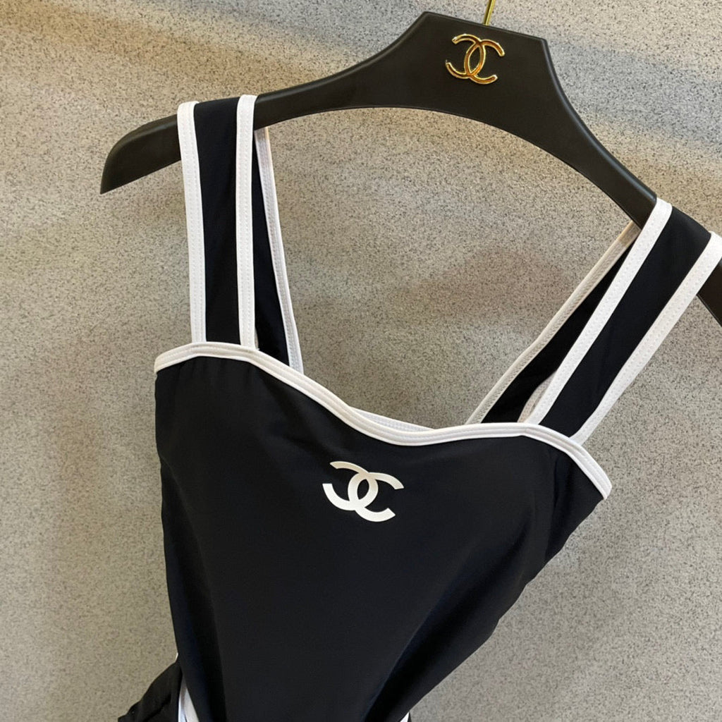 CHANEL BIKINI SWIMSUIT SET IN BLACK AND WHITE TRIM WHITE WAIST TIE DETAIL 613721