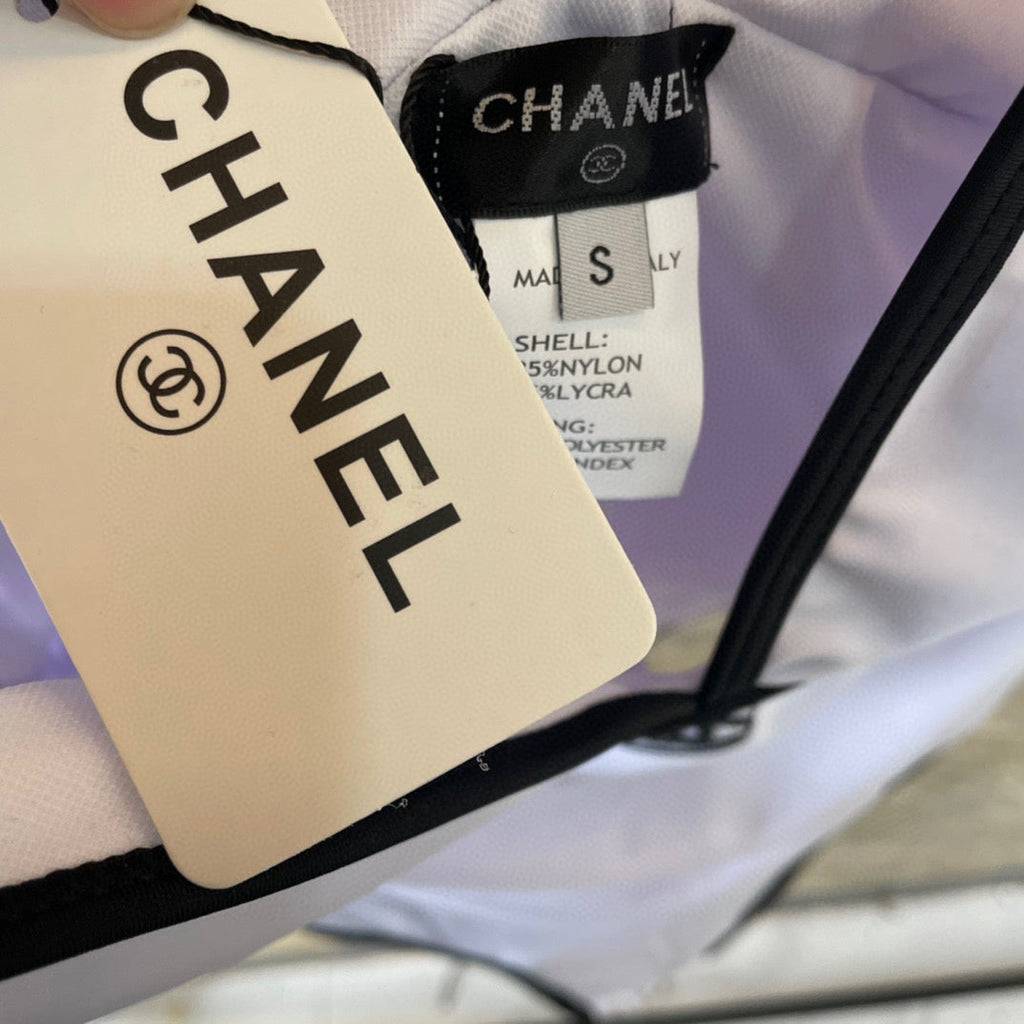 CHANEL BIKINI SWIMSUIT SET IN WHITE AND BLACK TRIM 613724