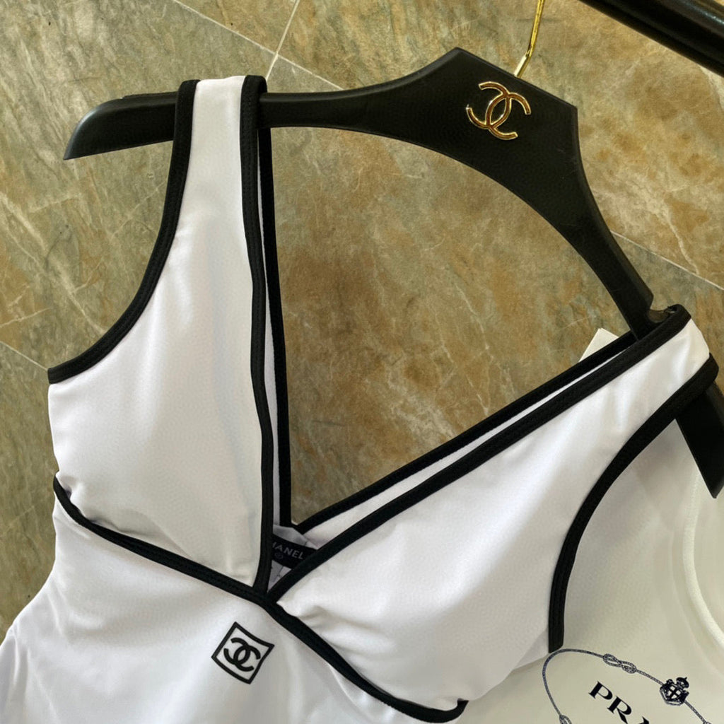 CHANEL BIKINI SWIMSUIT SET IN WHITE AND BLACK TRIM 613724