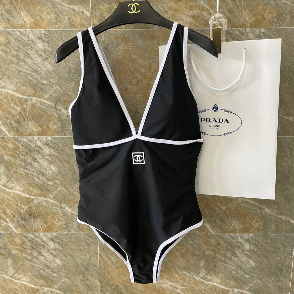 CHANEL BIKINI SWIMSUIT SET IN BLACK AND WHITE TRIM 613725