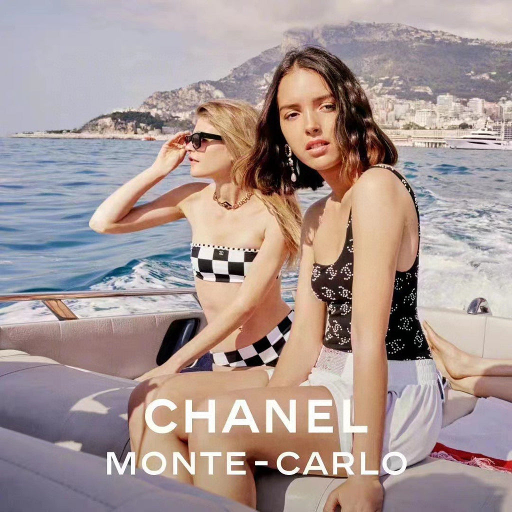 CHANEL BIKINI SWIMSUIT SET IN BLACK AND WHITE LOGO PRINTED 615195