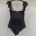 CHANEL BIKINI SWIMSUIT SET IN BLACK ATTACHED WITH GOLD METAL LOGO 615196