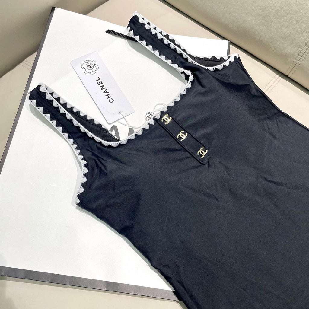 CHANEL BIKINI SWIMSUIT SET IN BLACK AND WHITE TRIM 622173