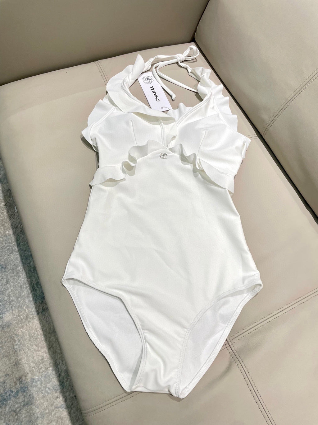 CHANEL BIKINI SWIMSUIT SET WHITE AND RUFFLED TRIM 622179