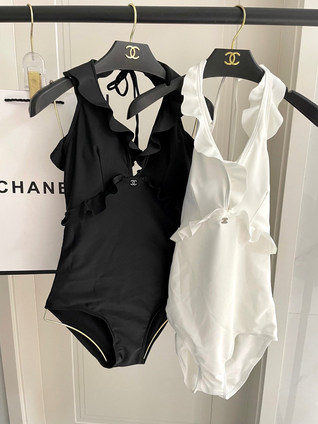 CHANEL BIKINI SWIMSUIT SET BLACK AND RUFFLED TRIM 622180