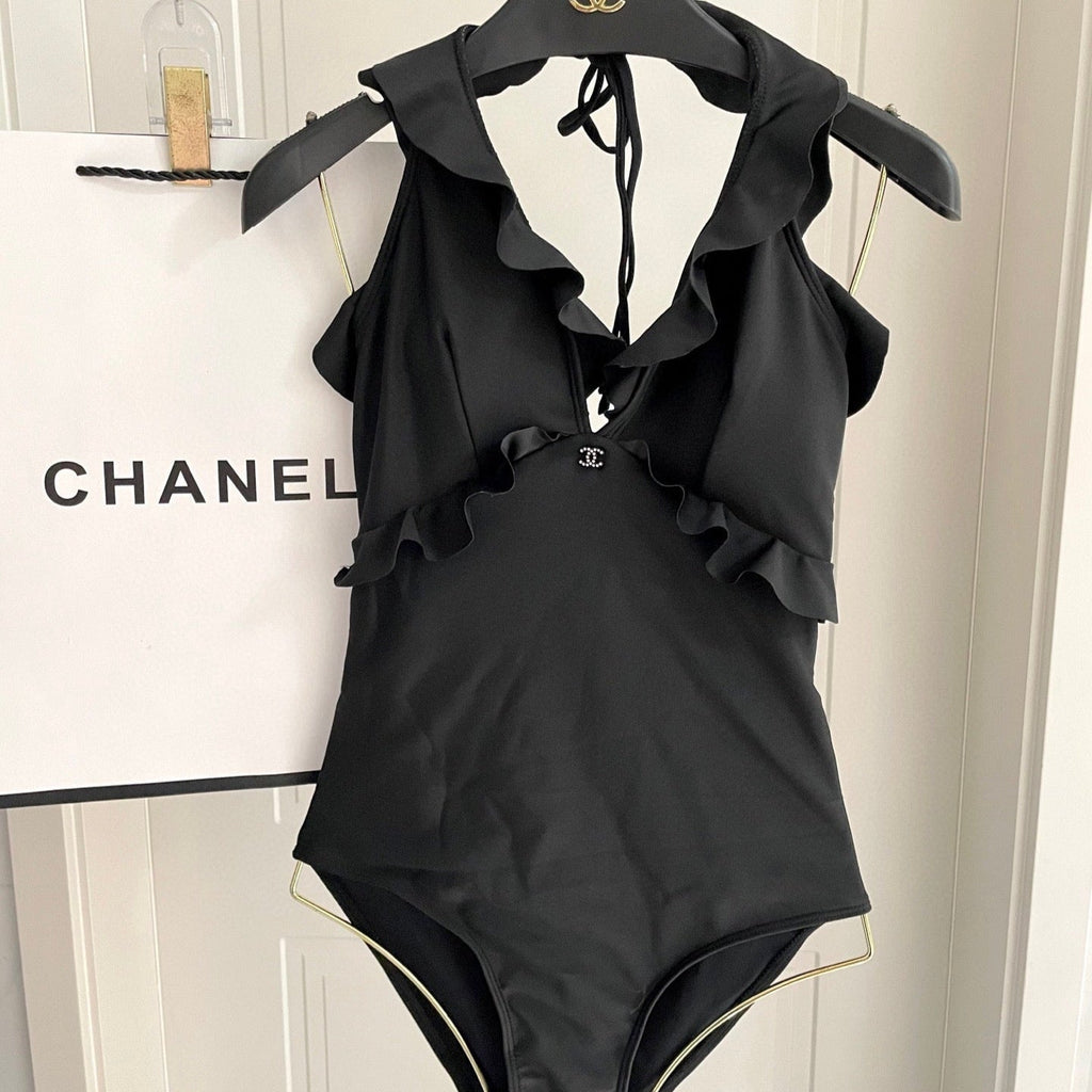 CHANEL BIKINI SWIMSUIT SET BLACK AND RUFFLED TRIM 622180