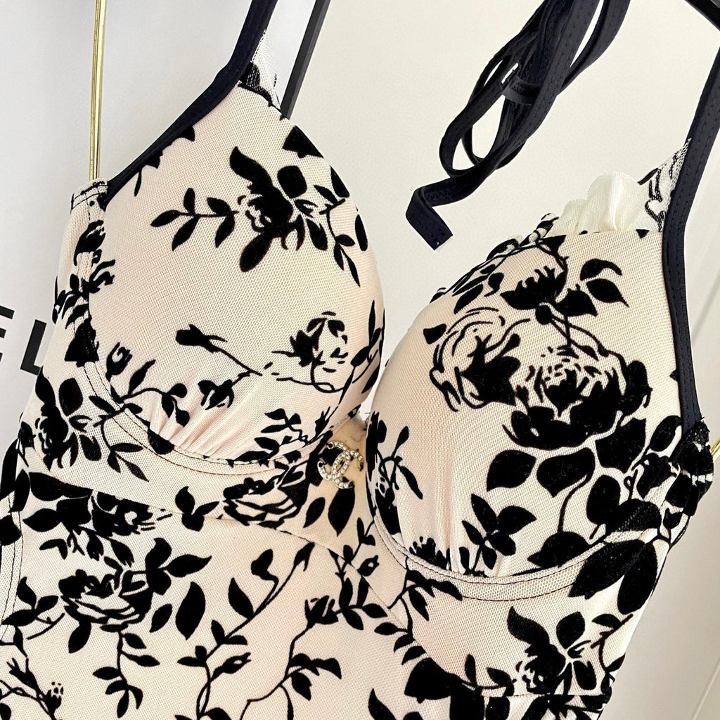CHANEL BIKINI SWIMSUIT SET IN IVORY MESH WITH BLACK VELVET FLORAL EMBROIDERY 622181