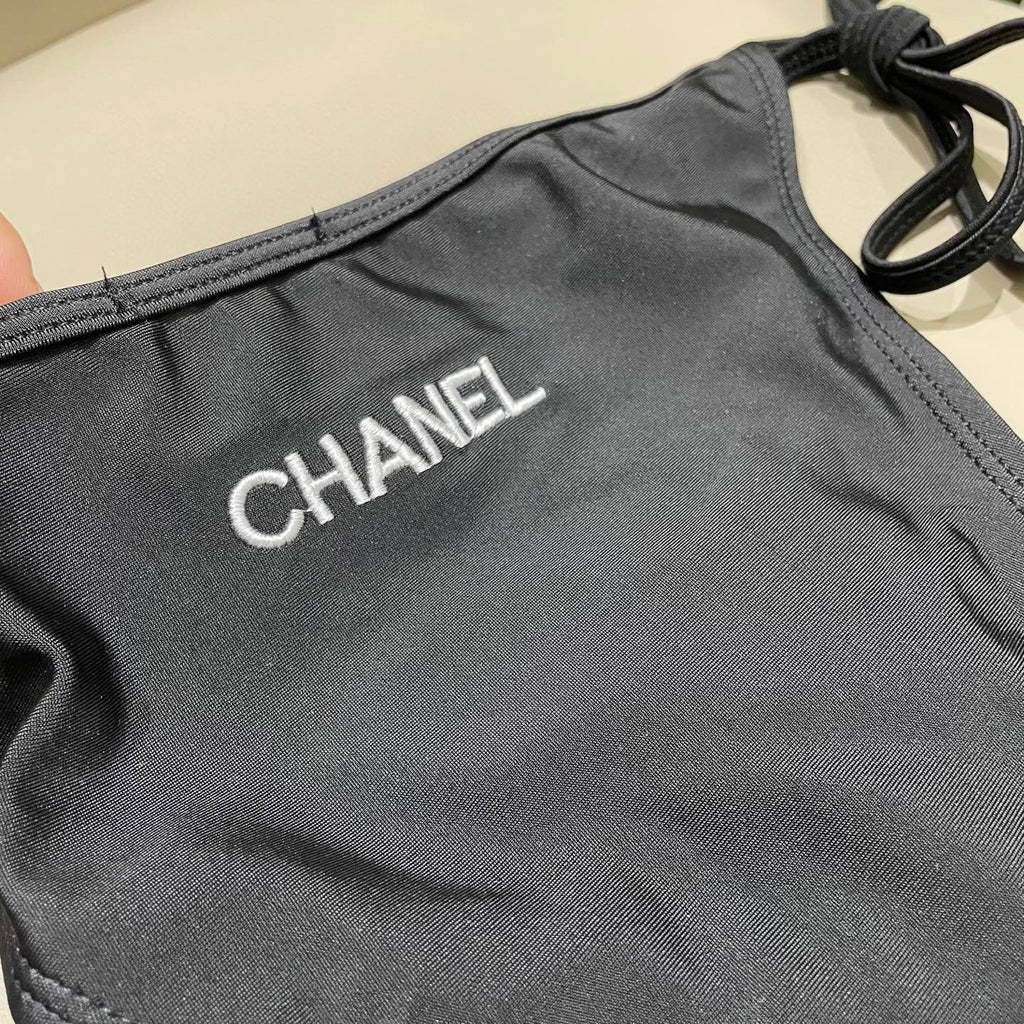 CHANEL BIKINI SWIMSUIT SET IN BLACK EMBROIDERED LOGO 624564