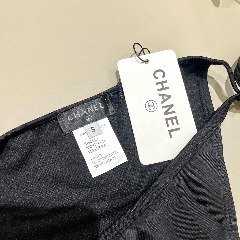 CHANEL BIKINI SWIMSUIT SET IN BLACK EMBROIDERED LOGO 624564