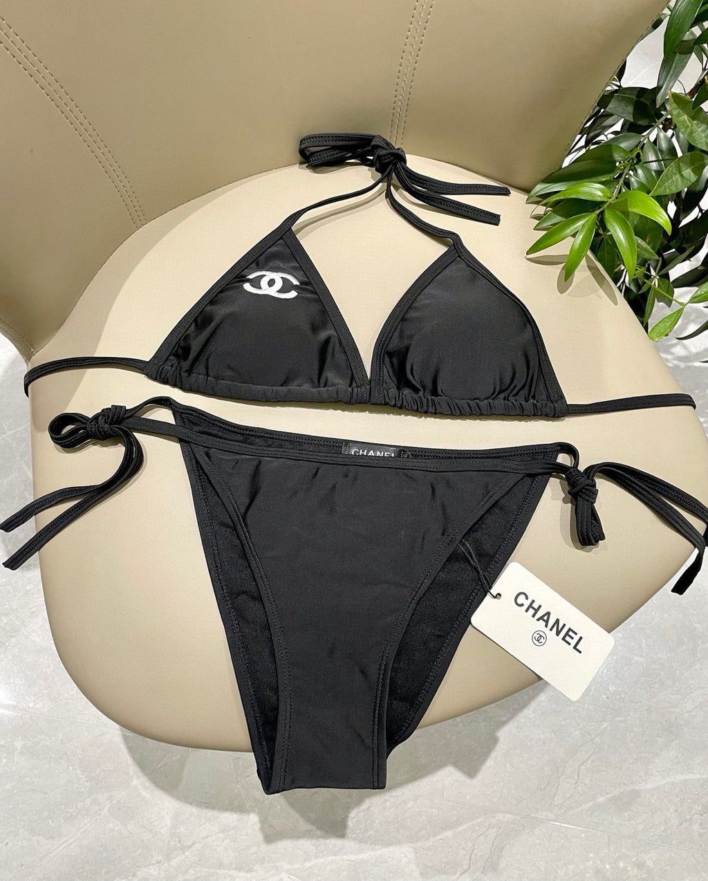 CHANEL BIKINI SWIMSUIT SET IN BLACK EMBROIDERED LOGO 624564