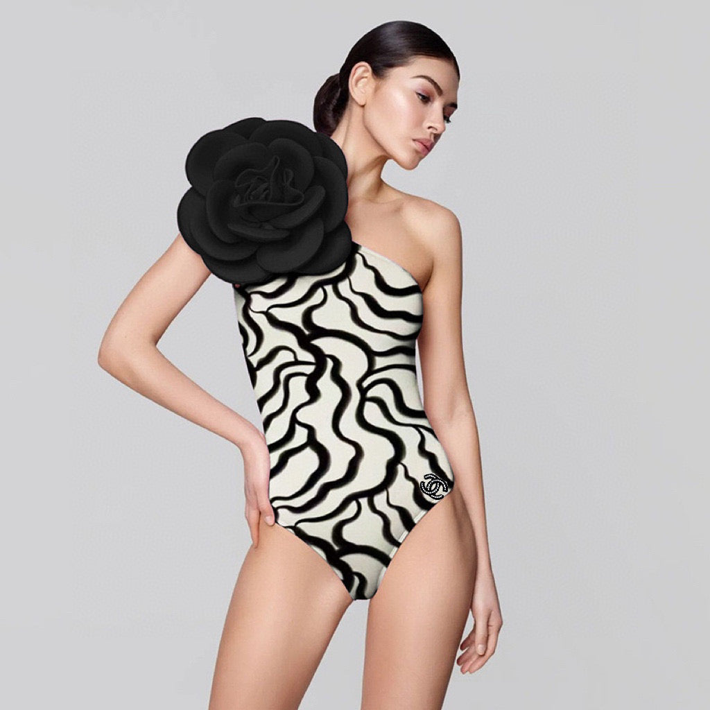 CHANEL ONE-PIECE SWIMSUIT WITH FLORAL PATTERN IN BLACK AND WHITE 627827