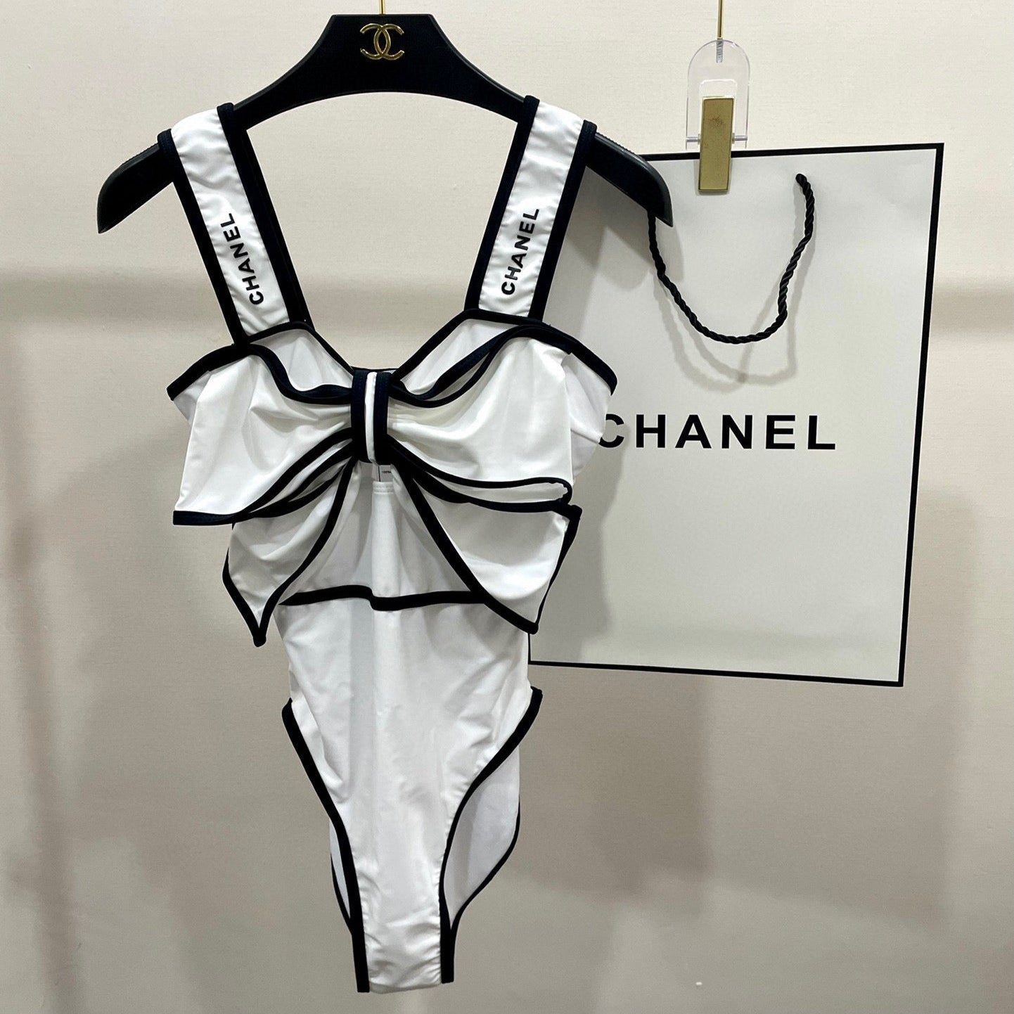 CHANEL BODYSUIT SWIMSUIT IN WHITE AND BLACK TRIM 627828