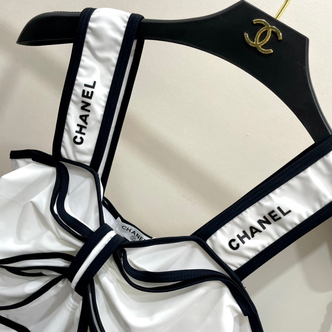 CHANEL BODYSUIT SWIMSUIT IN WHITE AND BLACK TRIM 627828