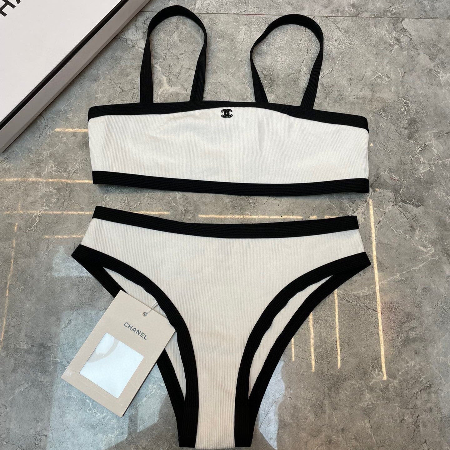 CHANEL HIGH NECK SWIMSUIT IN WHITE AND BLACK TRIM 627830