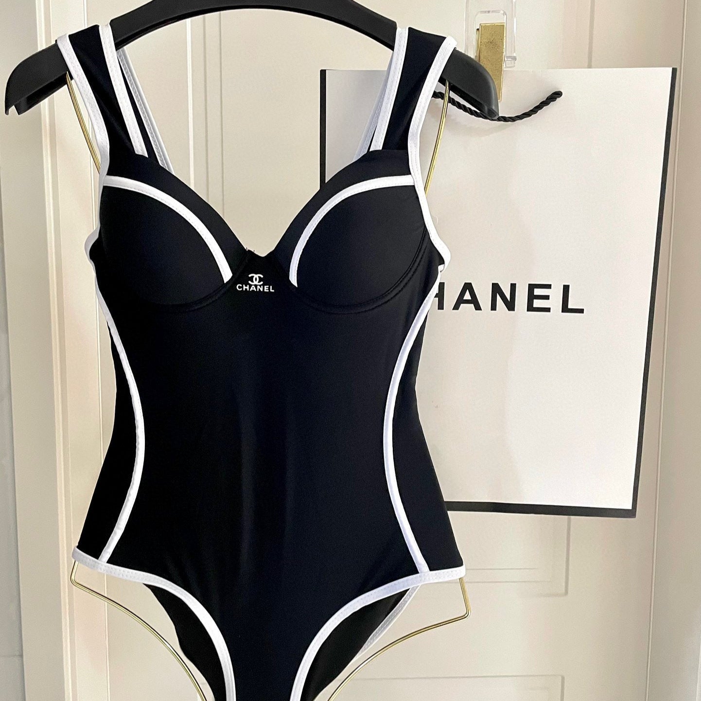 CHANEL SWIMSUIT BODYSUIT IN BLACK AND WHITE STRIPED 627831