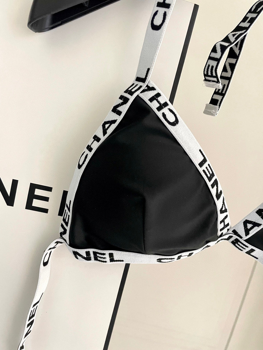 CHANEL BIKINI SWIMSUIT SET IN BLACK WITH WHITE TRIM 627832
