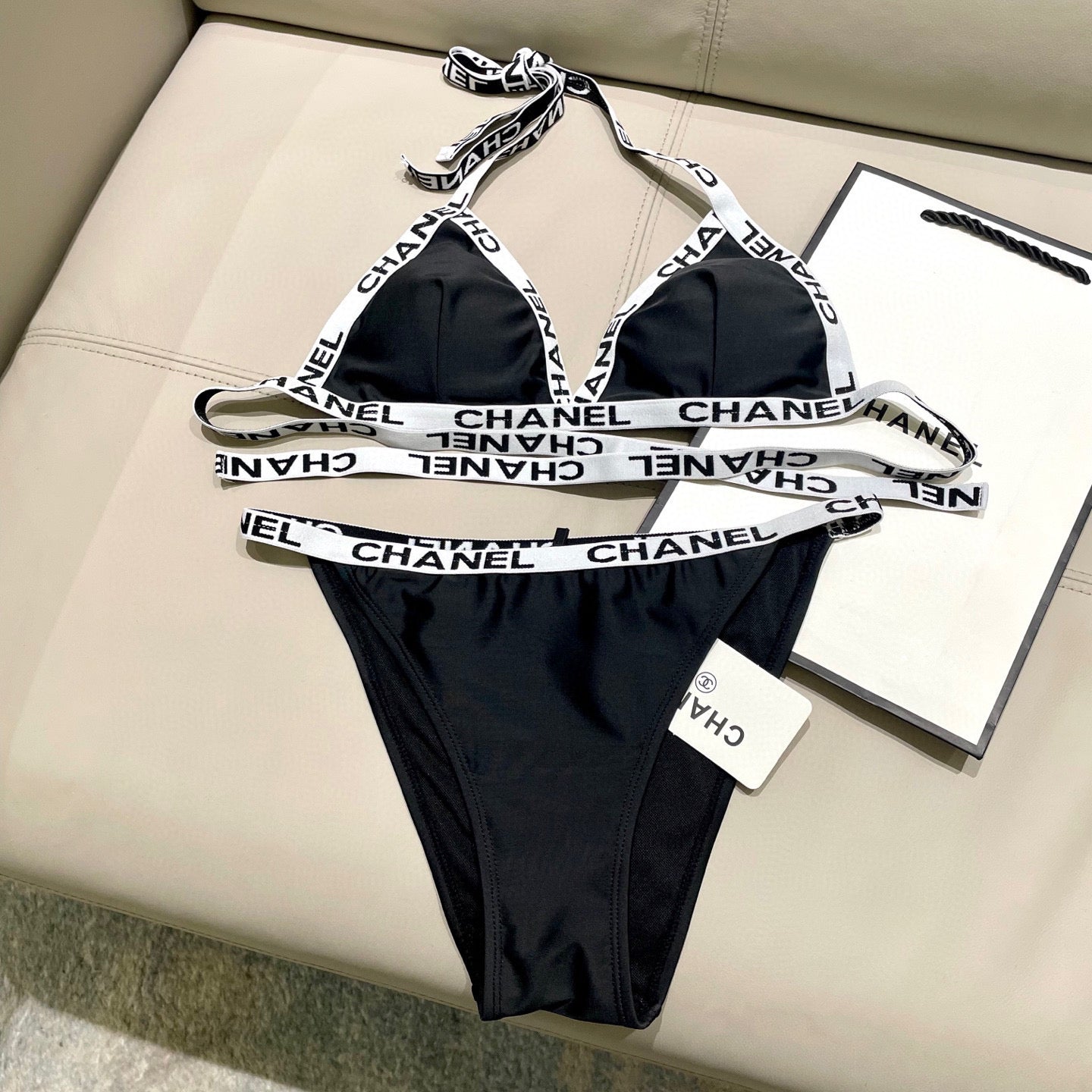 CHANEL BIKINI SWIMSUIT SET IN BLACK WITH WHITE TRIM 627832