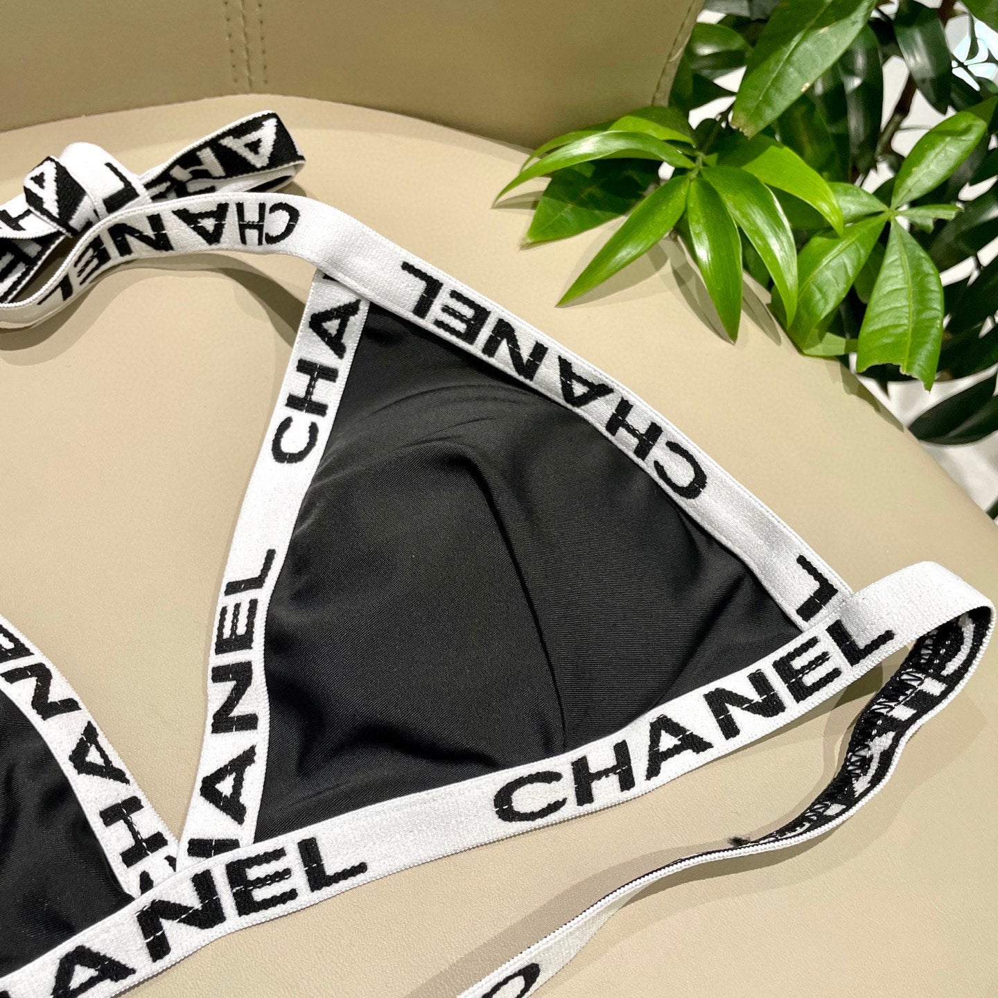 CHANEL BIKINI SWIMSUIT SET IN BLACK WITH WHITE TRIM 627832