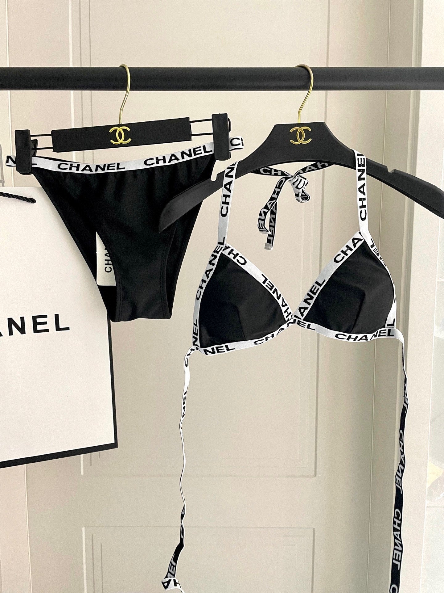 CHANEL BIKINI SWIMSUIT SET IN BLACK WITH WHITE TRIM 627832