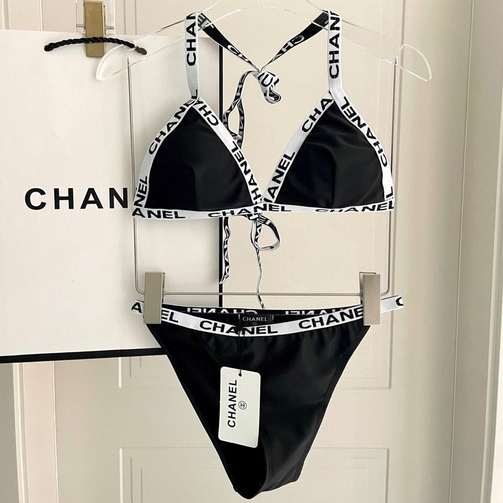 CHANEL BIKINI SWIMSUIT SET IN BLACK WITH WHITE TRIM 627832