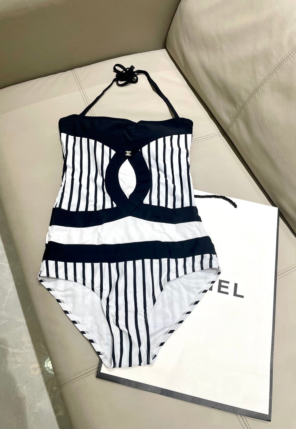 CHANEL BIKINI SWIMSUIT SET IN WHITE WITH BLACK VERTICAL STRIPES 633258