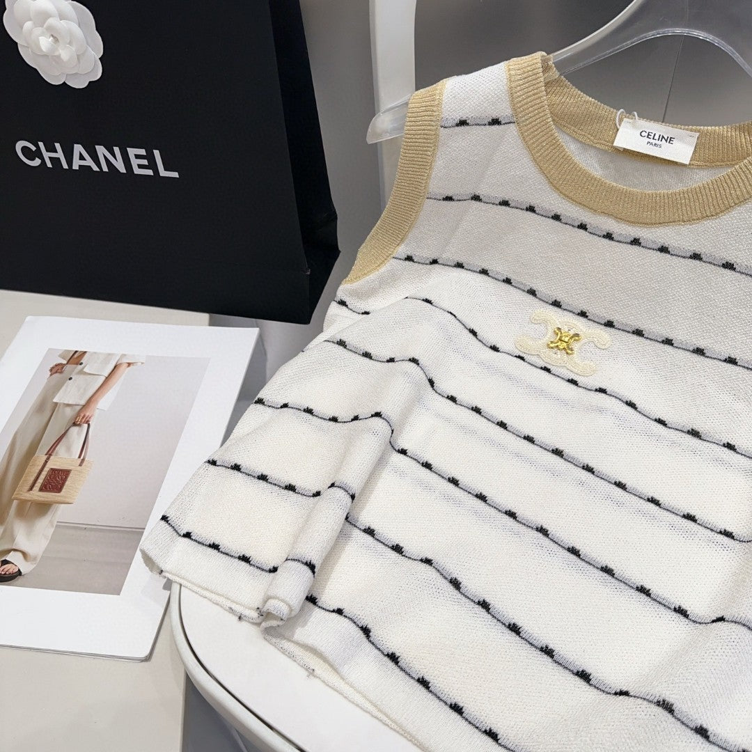 CELINE STRIPED TANK TOP 615178 IN WHITE COTTON RIBBED BEIGE TRIM