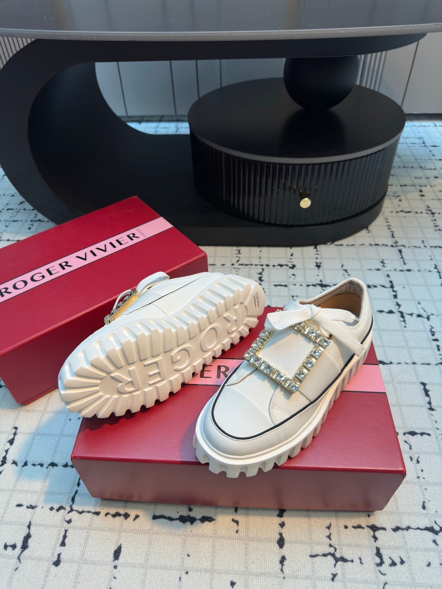 VIV' GO-THICK STRASS BUCKLE SLIP-ON SNEAKERS IN WHITE CANVAS